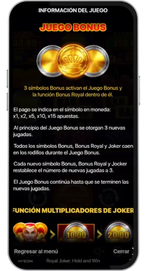 Página de reglas del juego de bonificación